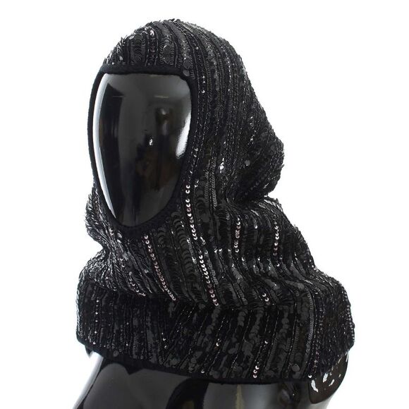 Dolce & Gabbana Black Knitted Sequin Hood Scarf Women's Hat